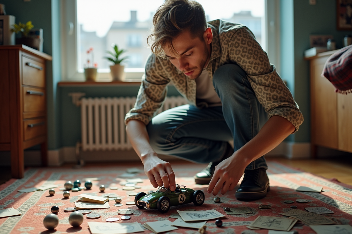 Jeune homme ajoutant un jouet ancien à sa collection