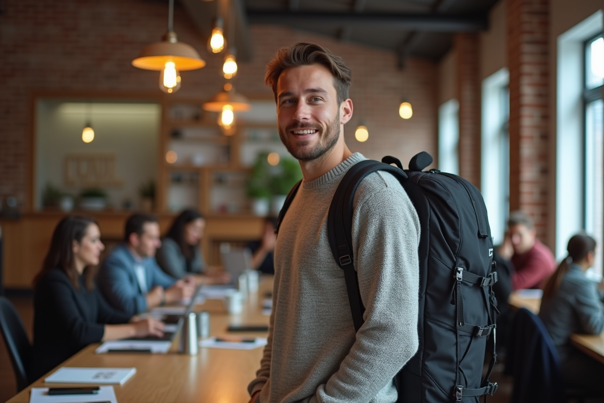 Jeune homme dans un espace coworking animé avec groupe