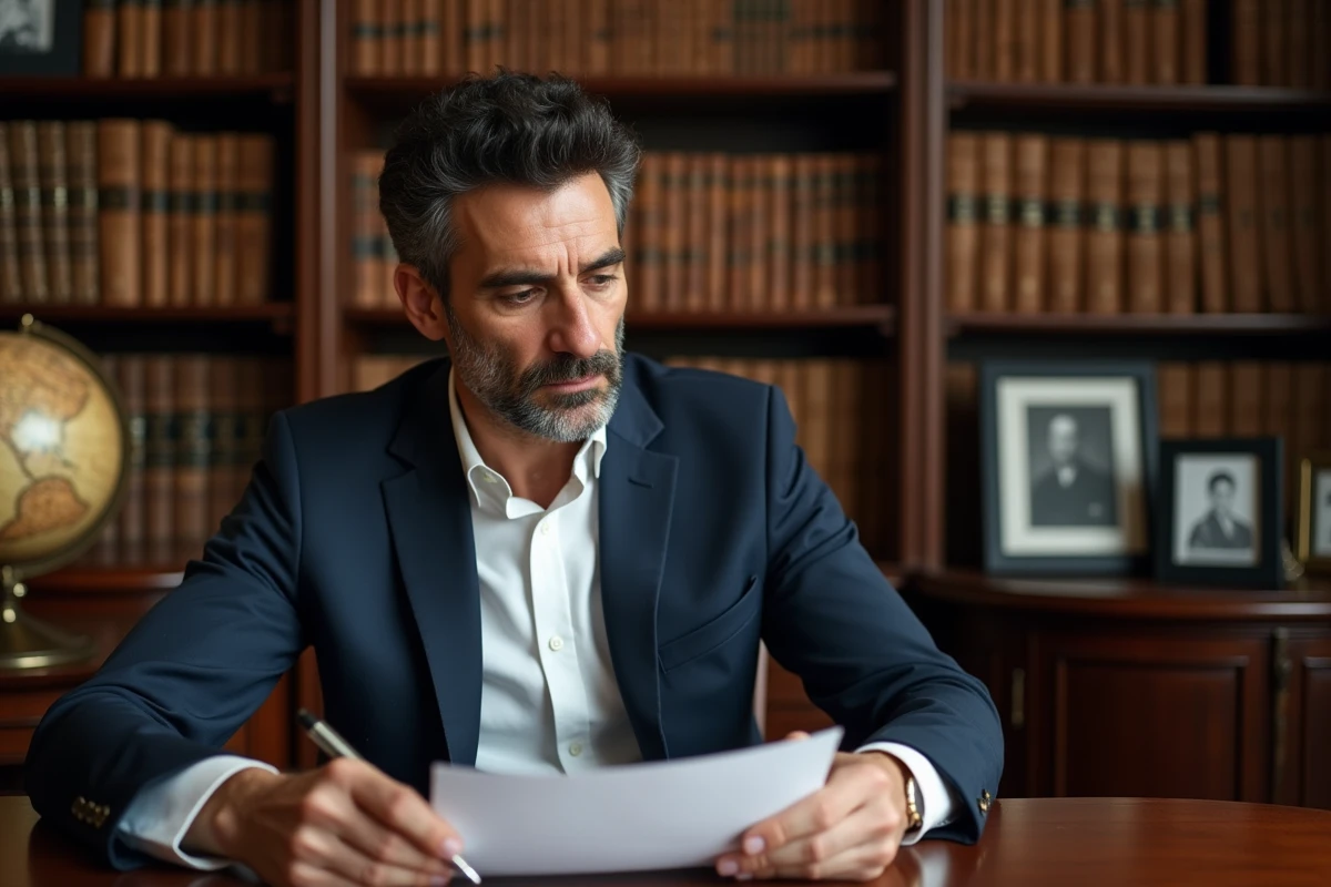 Portrait d'un journaliste franco-libanais aux origines méditerranéennes dans une bibliothèque familiale élégante