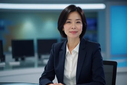 Journaliste de télévision féminine assise derrière un bureau de studio de news, exprimant professionnalisme et discrétion à l'antenne