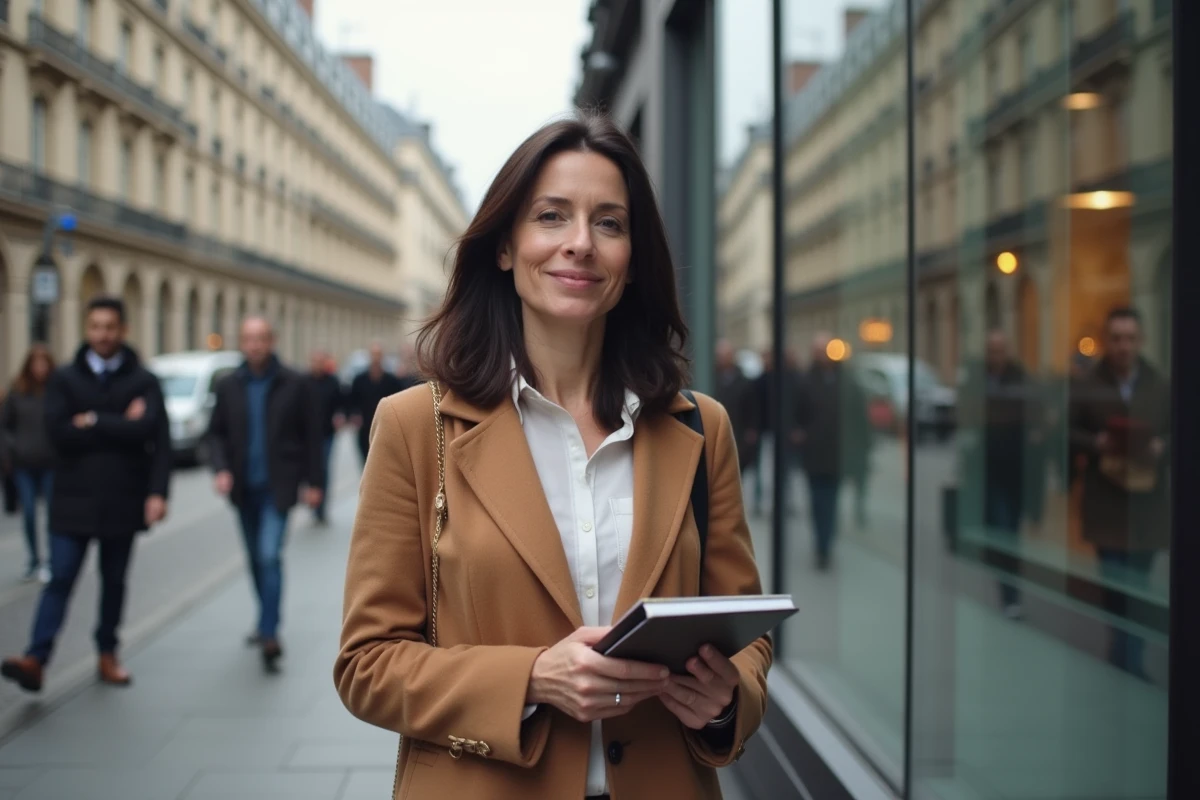Femme journaliste sortant d'un bâtiment médiatique parisien tenant un carnet, incarnant la frontière entre vie professionnelle et vie privée
