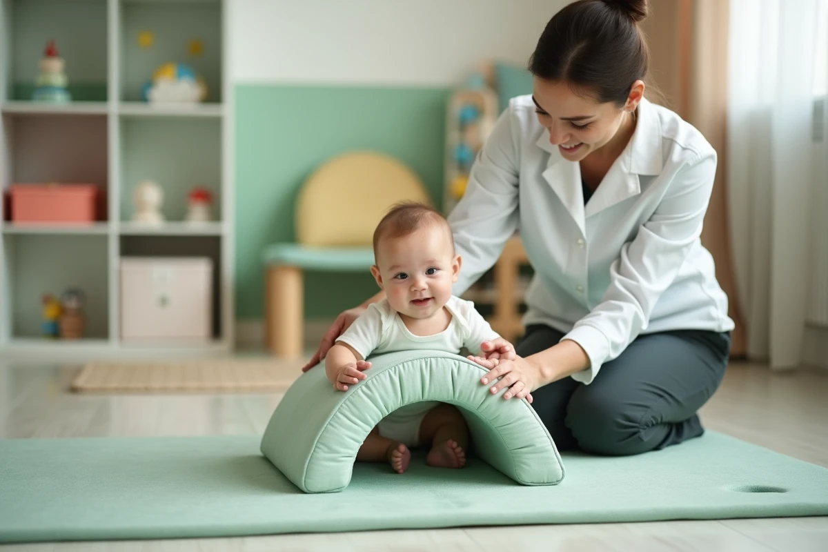 Physiothérapeute pédiatrique guidant un bébé de 8 mois sur un parcours motricité dans un cabinet de rééducation moderne