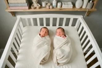 Deux nouveau-nés emmaillotés dans des langes en mousseline ivoire couchés côte à côte dans un berceau en bois blanc, ambiance douce et apaisante pour une liste de naissance de jumeaux.
