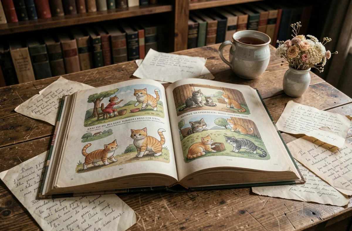 Ancien livre illustré de comptines françaises ouvert sur une table en chêne entouré de notes manuscrites