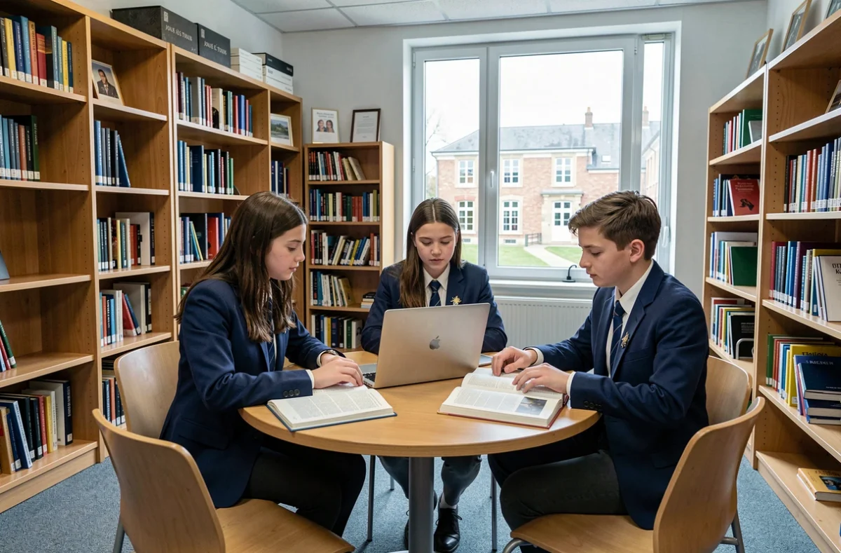 Lycéens du Lycée privé Saint-Gatien de Joué-lès-Tours en travail de groupe dans la bibliothèque de l'établissement