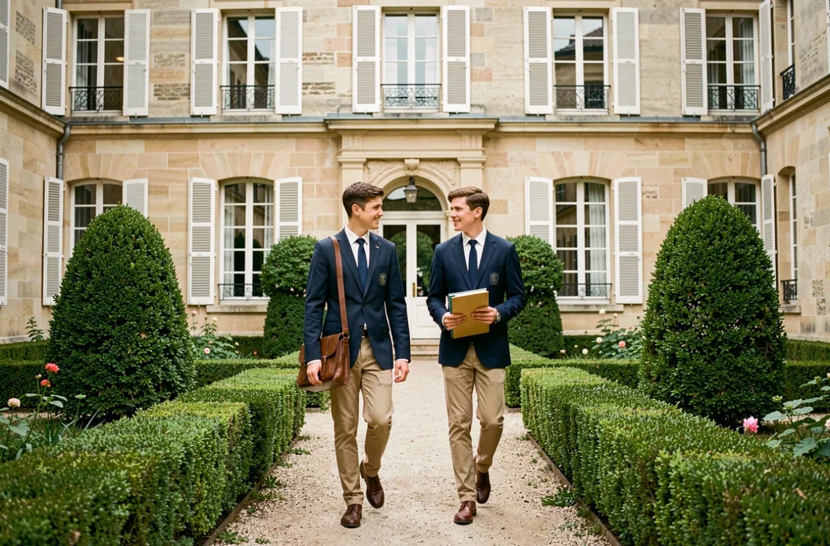 Lycéens du Lycée privé Saint-Martin de Tours se déplaçant dans la cour de l'établissement