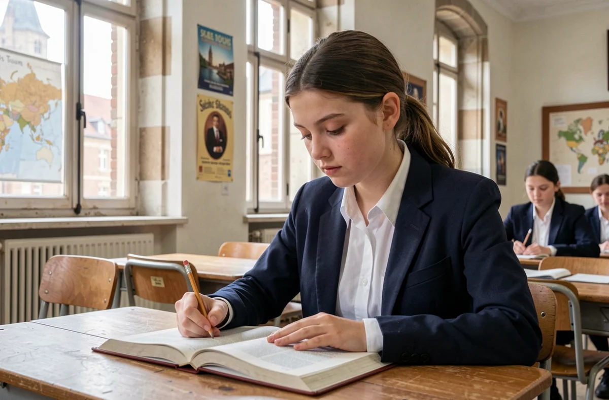 Élève du Lycée privé Sainte-Ursule de Tours concentrée sur ses cours dans une salle de classe historique
