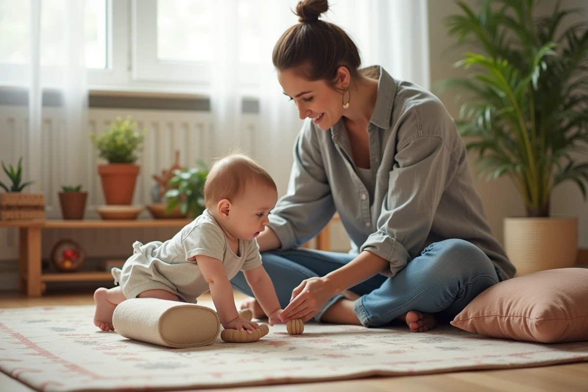 Maman encourageant son bébé de 6 mois à franchir un rouleau en mousse lors d'un parcours motricité à la maison