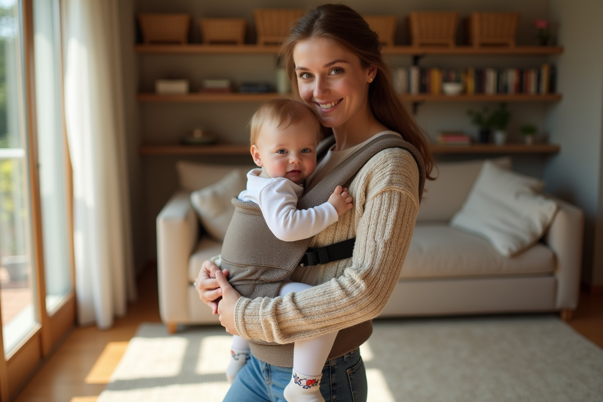 Jeune maman portant son bébé dans un porte-bébé cosy dans un salon chaleureux