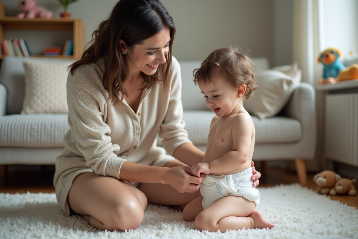 Maman change un couche de son enfant dans le salon