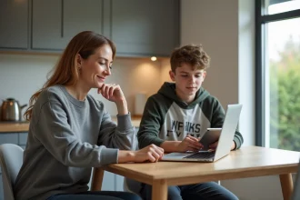 Maman et son fils adolescent dans la cuisine familiale