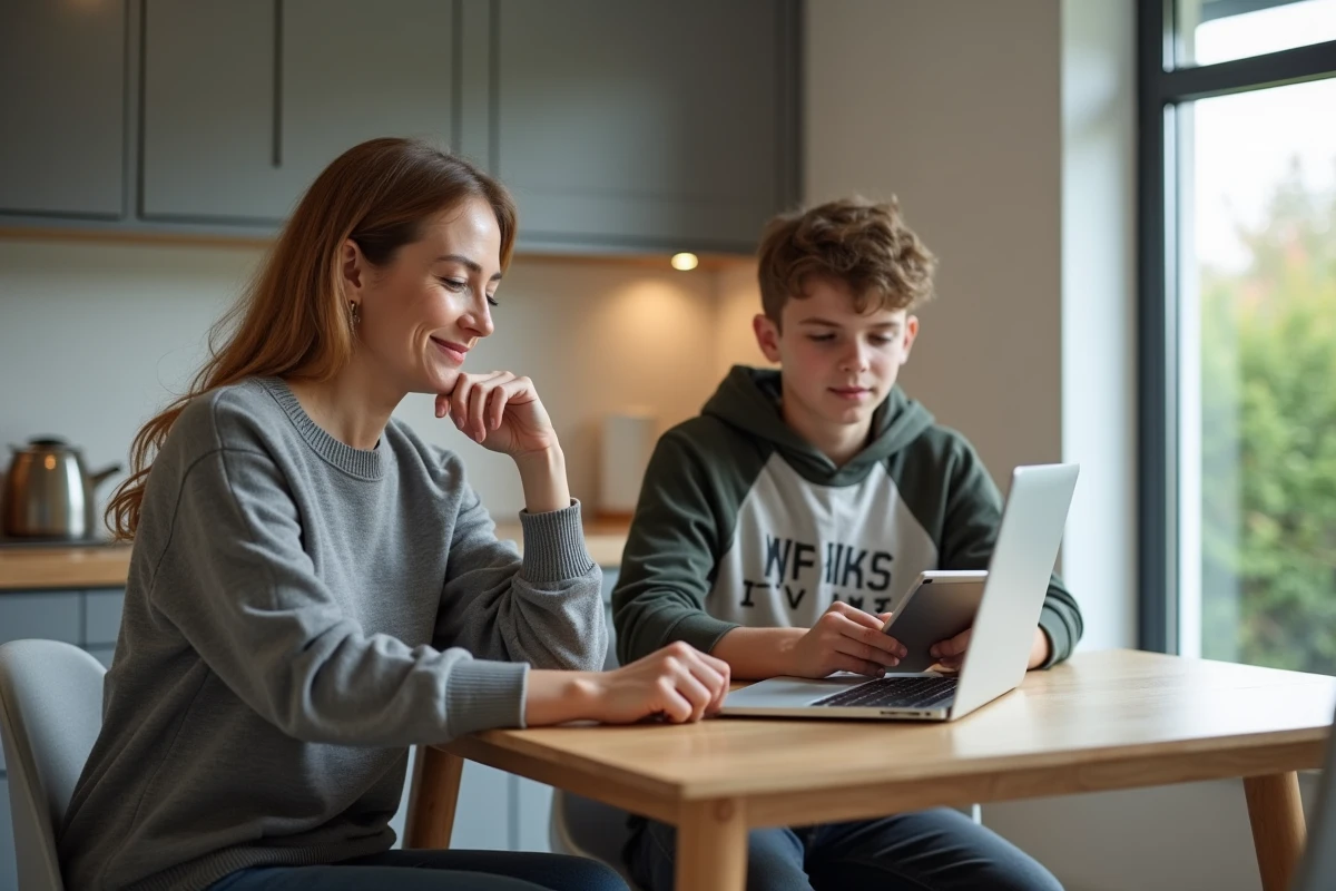 Maman et son fils adolescent dans la cuisine familiale