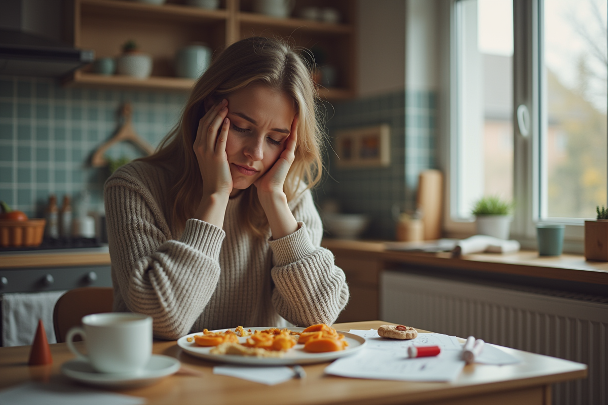 Jeune maman fatiguée dans la cuisine familiale