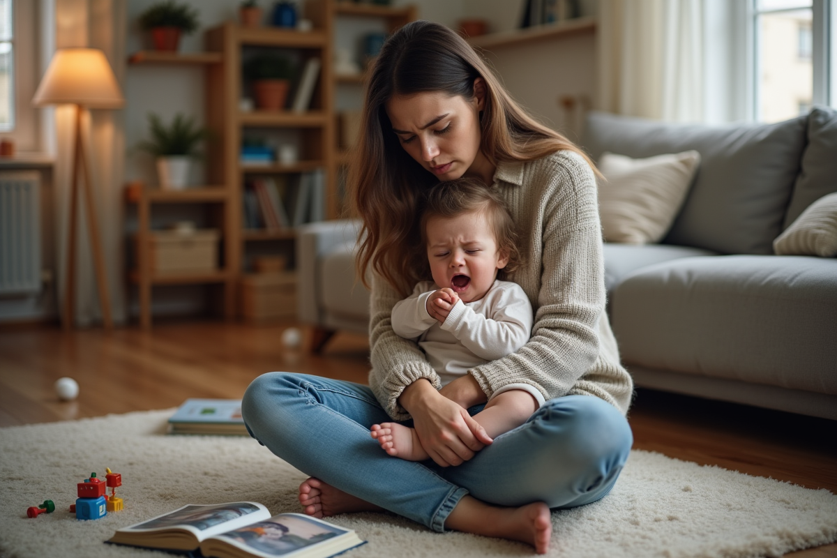 Maman fatiguée avec enfant en bras dans un salon familial