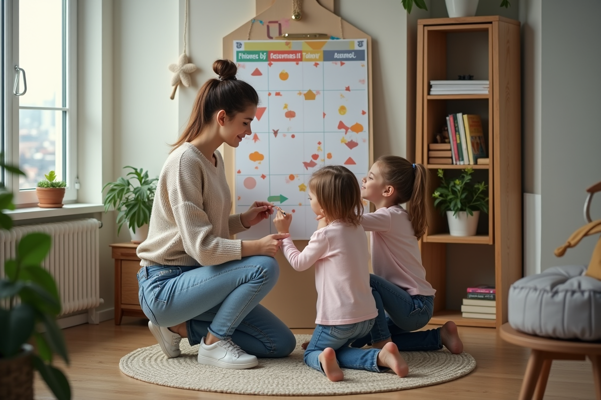 Maman planifiant activités avec ses enfants à la maison