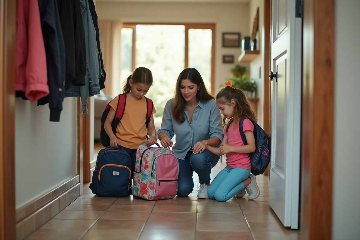 Maman aide ses filles à préparer leurs sacs d