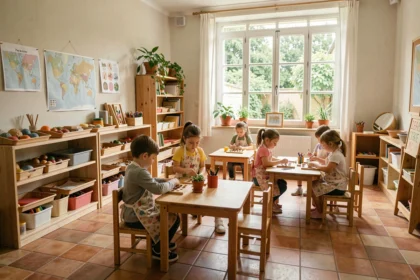 Salle de classe Montessori dans les Pays de la Loire avec enfants en activité autonome et matériel pédagogique en bois