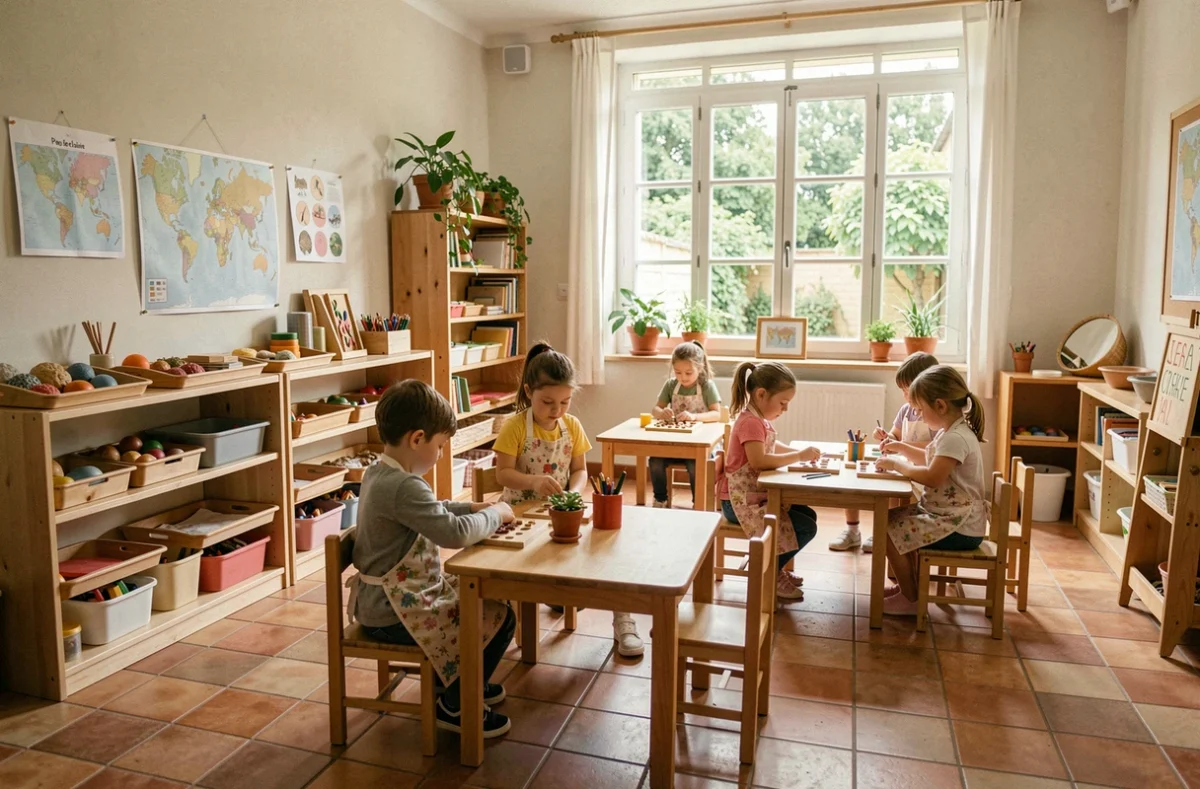 Salle de classe Montessori dans les Pays de la Loire avec enfants en activité autonome et matériel pédagogique en bois