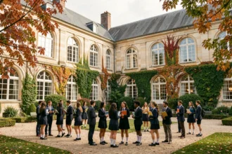 Vue générale d'un campus d'école privée en Indre-et-Loire avec des élèves en uniforme dans une cour historique