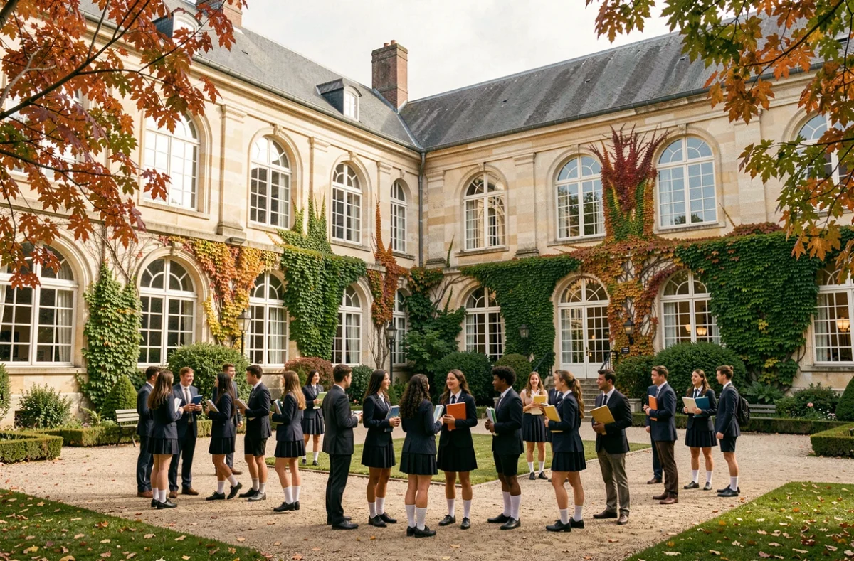Vue générale d'un campus d'école privée en Indre-et-Loire avec des élèves en uniforme dans une cour historique