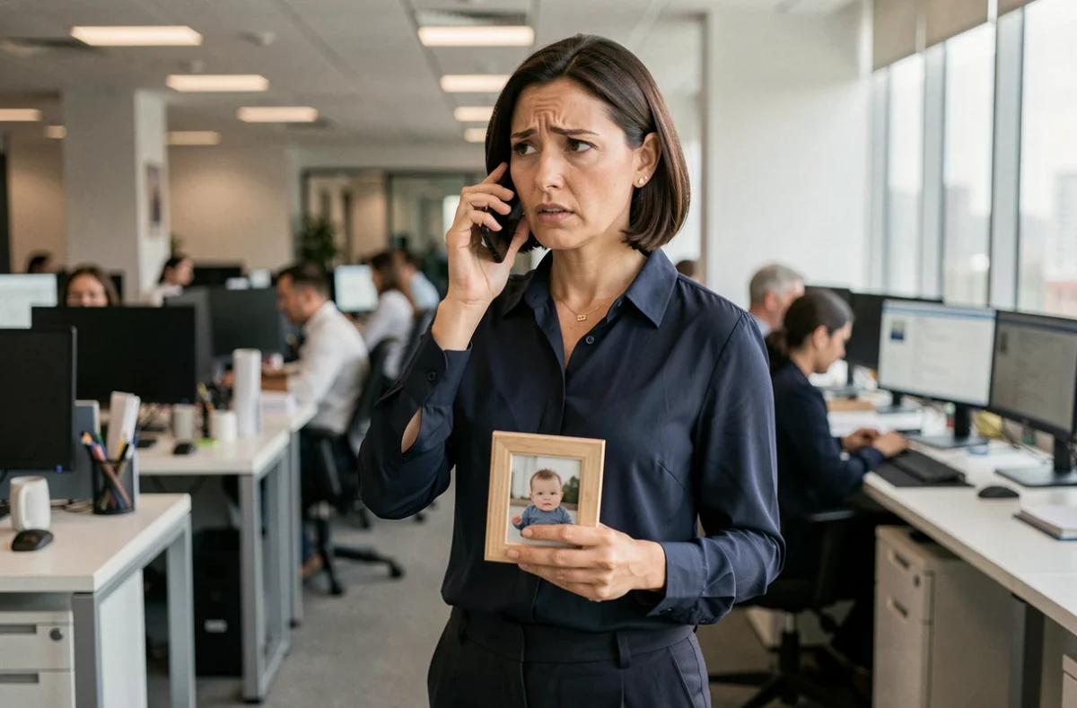 Femme professionnelle inquiète au bureau regardant la photo de son bébé pendant une pause, symbolisant la difficulté émotionnelle de la reprise du travail après la naissance