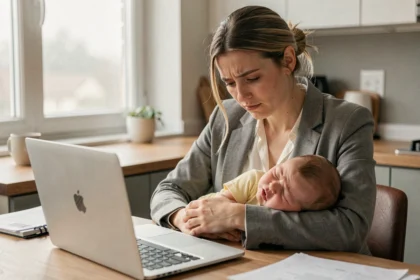 Mère fatiguée tenant son bébé qui pleure tout en essayant de travailler sur son ordinateur portable, illustrant le dilemme entre reprise du travail et besoins du nourrisson