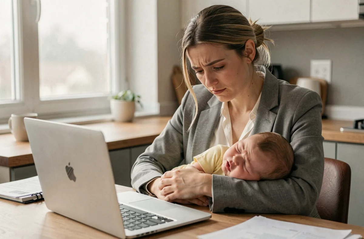 Mère fatiguée tenant son bébé qui pleure tout en essayant de travailler sur son ordinateur portable, illustrant le dilemme entre reprise du travail et besoins du nourrisson