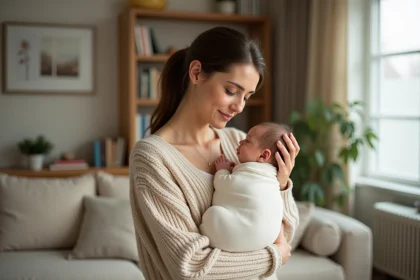 Jeune mère tenant son nouveau-né enveloppé dans un lange blanc dans un salon cosy, illustrant la protection de la vie privée des célébrités et de leurs enfants