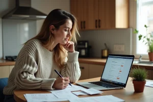 Mère célibataire gérant son budget familial devant un ordinateur portable avec des reçus et des notes sur une table en bois