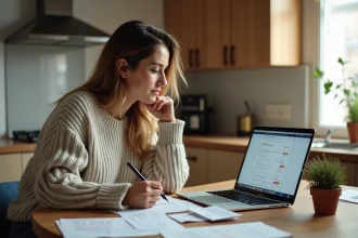 Mère célibataire gérant son budget familial devant un ordinateur portable avec des reçus et des notes sur une table en bois