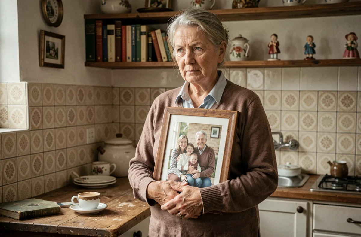 Femme âgée dans une cuisine française tenant une photo de famille encadrée, regard empreint de nostalgie et d'émotion