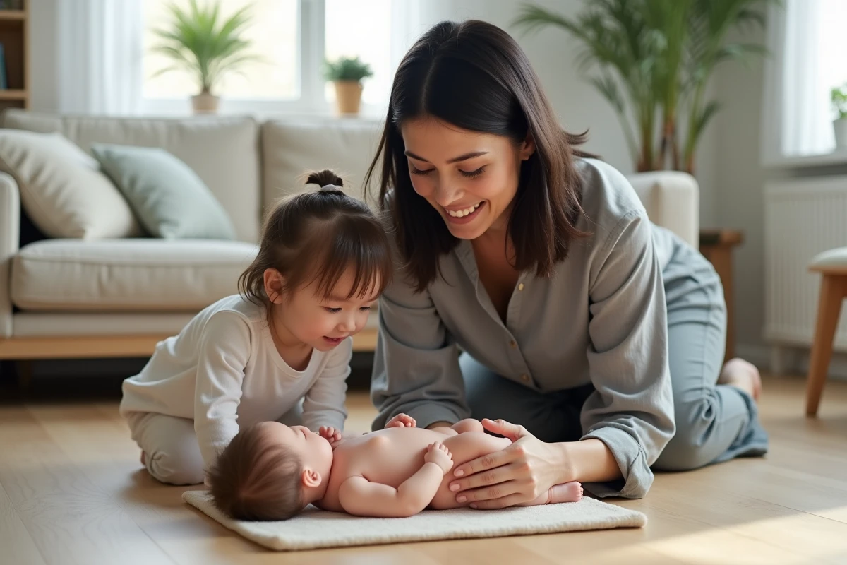 Mère et fille examinant ensemble une poupée reborn en silicone dans un salon moderne