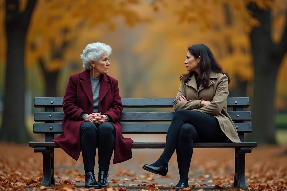 Mère et fille adulte assises en silence sur un banc de parc en automne, illustrant la distance et le manque de communication entre elles