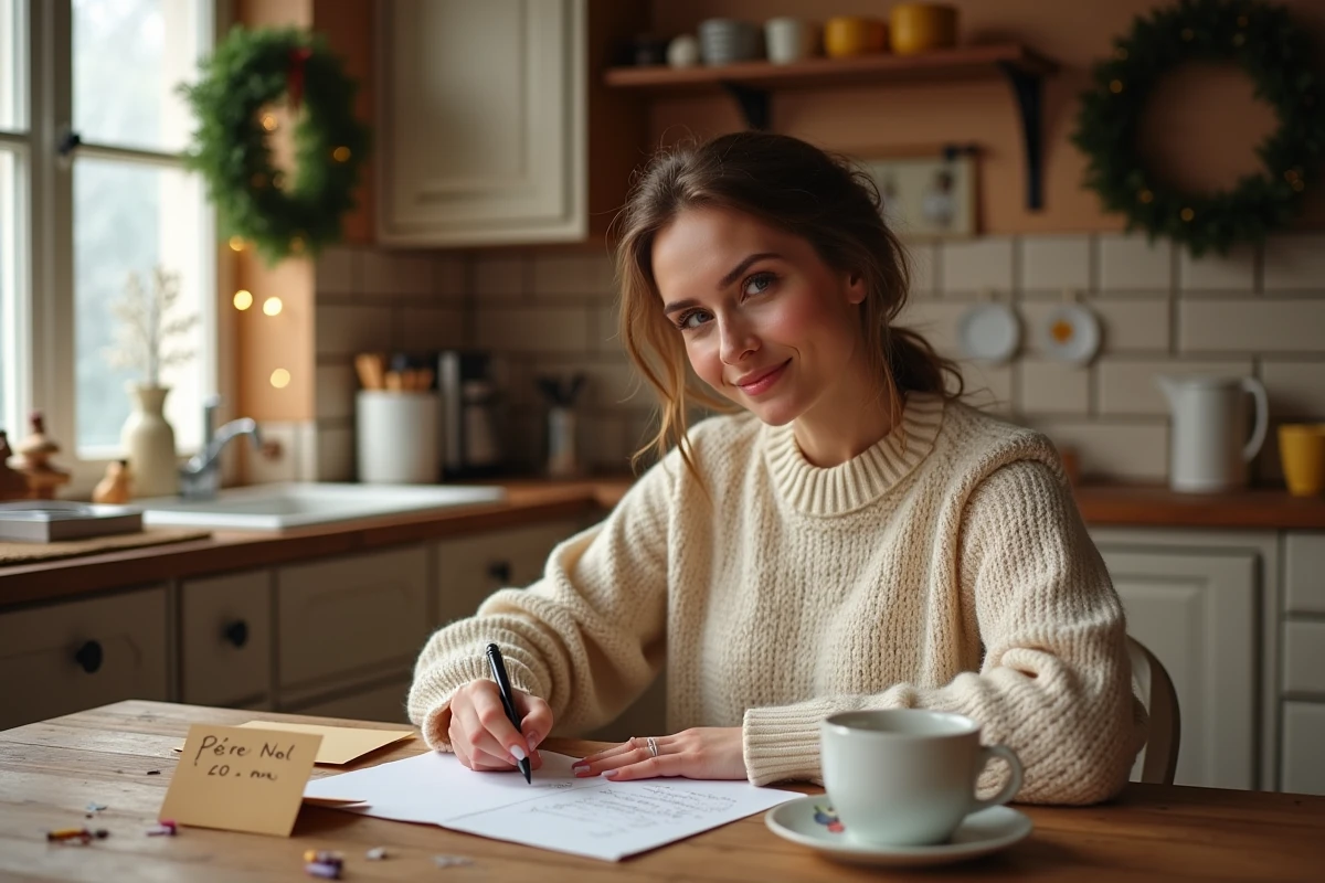 Mère écrivant une réponse au Père Noël à la main sur une table en bois rustique avec des dessins d'enfants et une tasse de chocolat chaud