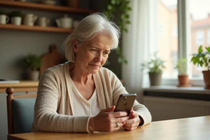 Mère d'une soixantaine d'années assise seule dans sa cuisine, tenant son téléphone avec une expression mélancolique, attendant des nouvelles de sa fille