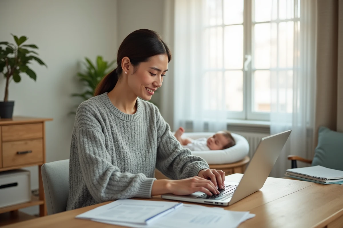Jeune mère en télétravail examinant des documents administratifs pour une demande de temps partiel après congé maternité