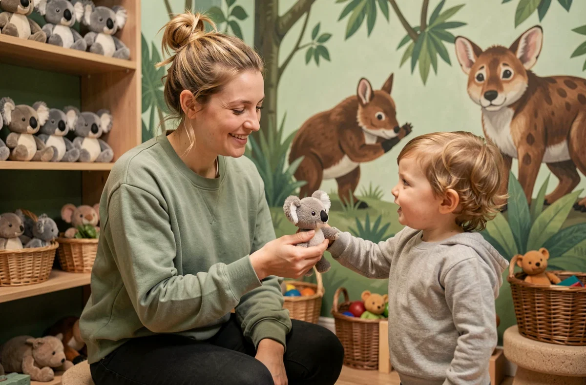 Éducatrice de la micro-crèche Koala Kids à Brest recevant un doudou koala tendu par un tout-petit dans une salle décorée de motifs animaux