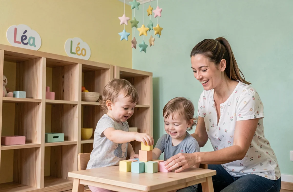 Éducatrice et deux enfants empilant des blocs en mousse à la micro-crèche Léa et Léo à Quimper, devant des casiers en bois personnalisés aux prénoms des enfants