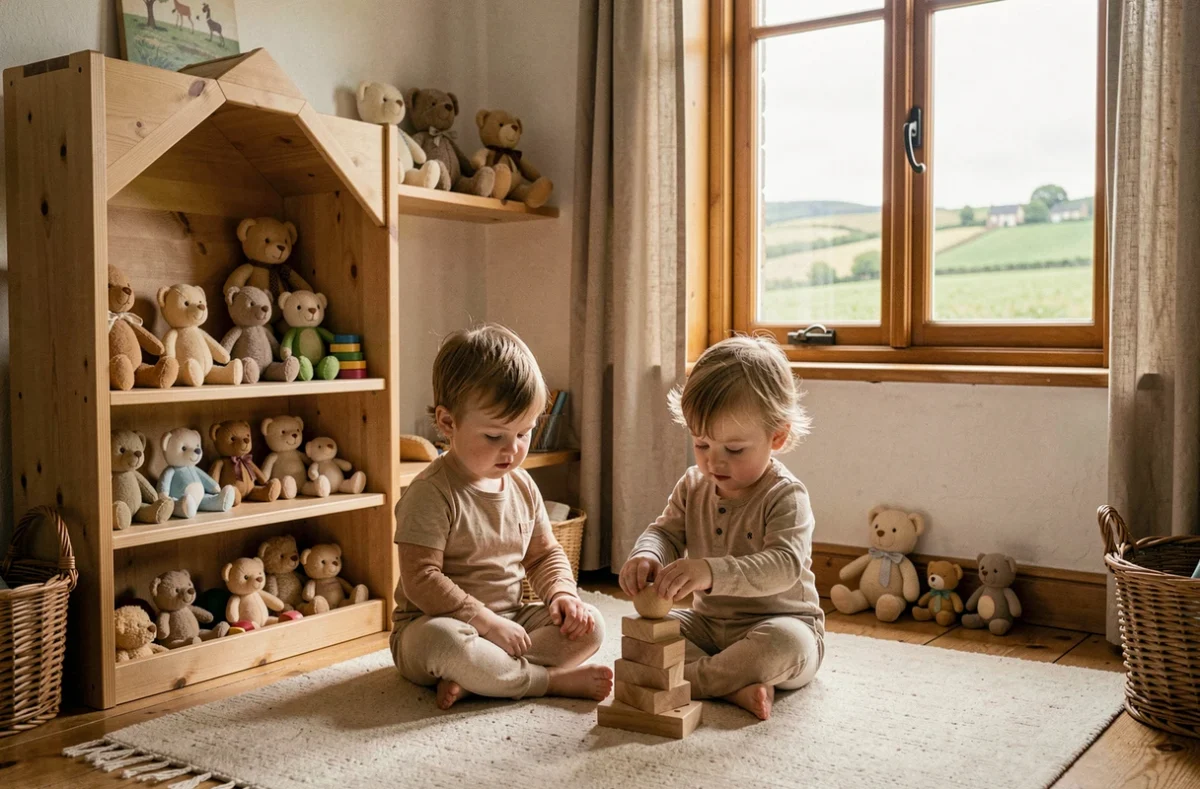 Salle de jeux de la micro-crèche Nawan à Landudal avec deux jeunes enfants jouant avec des jouets en bois près d'une fenêtre donnant sur la campagne bretonne