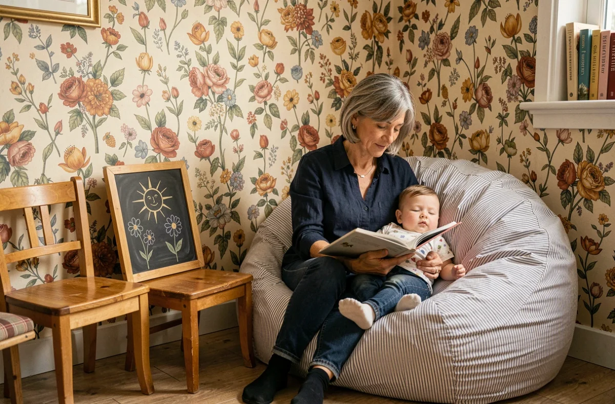 Professionnelle de la micro-crèche Tom et Josette à Brest lisant un livre à un tout-petit dans un coin lecture cosy avec papier peint fleuri et tableau noir illustré