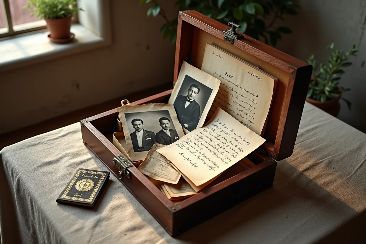 Boîte ancienne contenant des photos de famille, lettres manuscrites en persan et passeport vintage évoquant les origines d'une famille immigrée