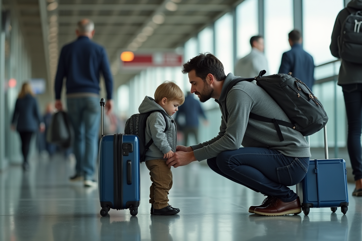 Pere aidant son fils à préparer le voyage en train