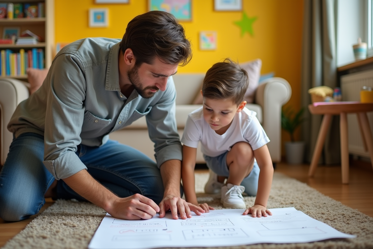 Pere et son fils préparant un projet scolaire à la maison