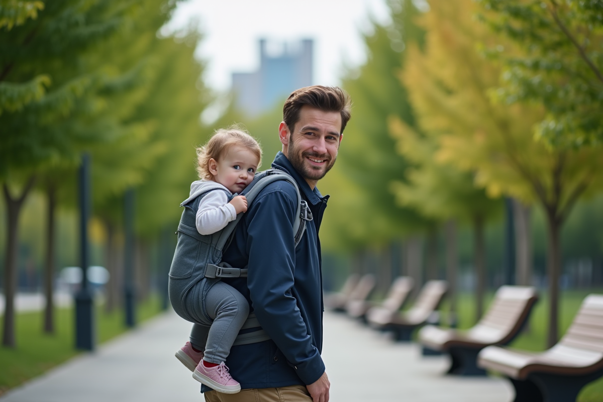 Jeune père avec sa fille en porte-bébé dans un parc urbain en plein air