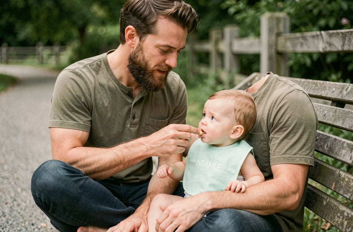 Papa nourrissant son bébé en plein air avec un bavoir bio personnalisé en coton mint, ambiance parc naturel et moment familial authentique