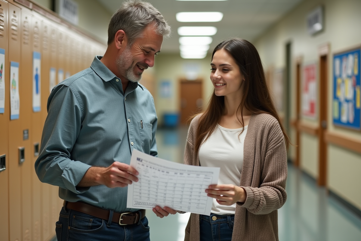 Père et éducatrice discutant dans le couloir de l