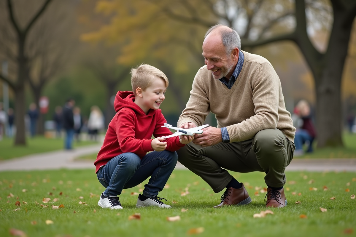 Pere et fils jouent avec un avion en plein air
