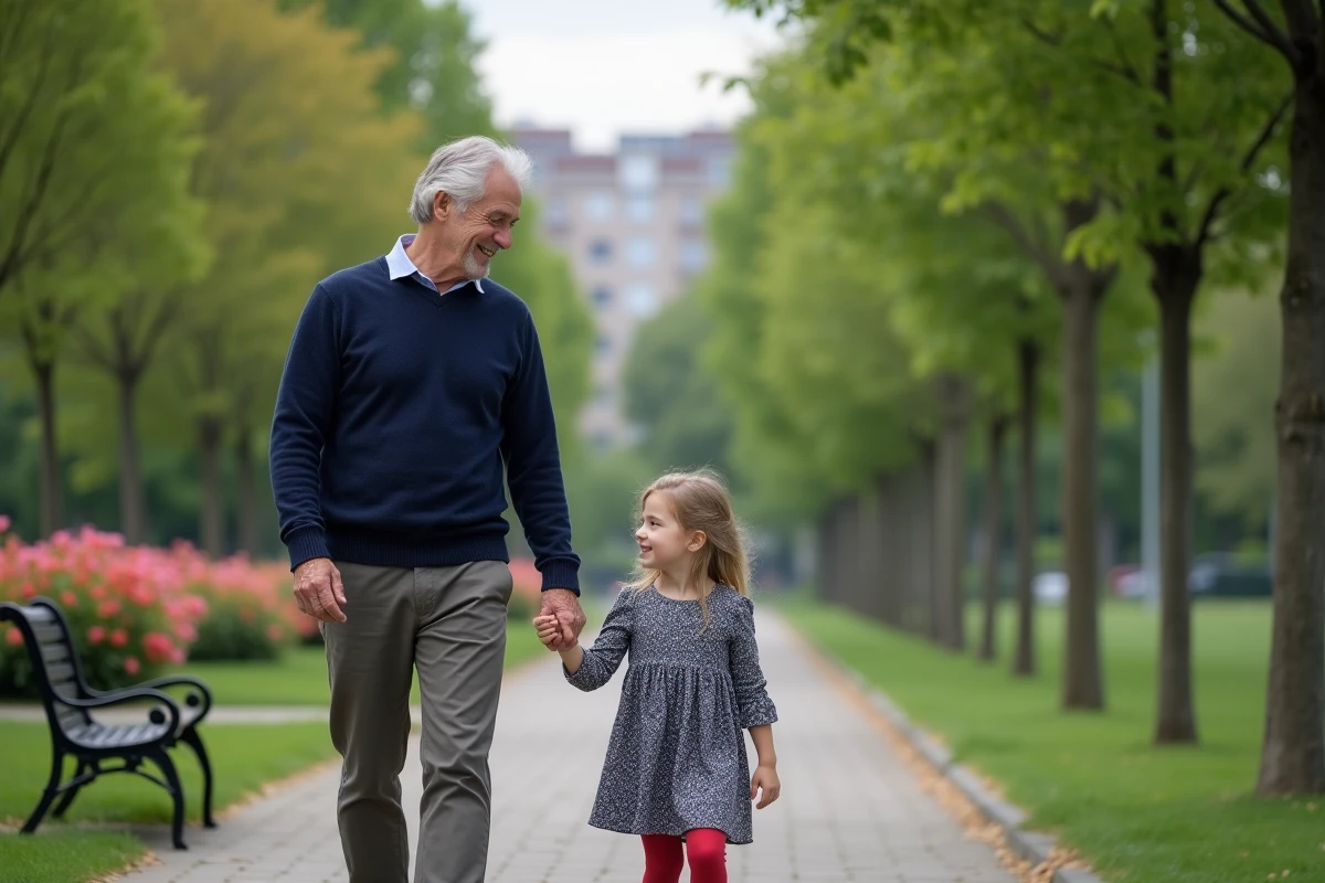 Père et fille dans un parc urbain en promenade ensoleillée