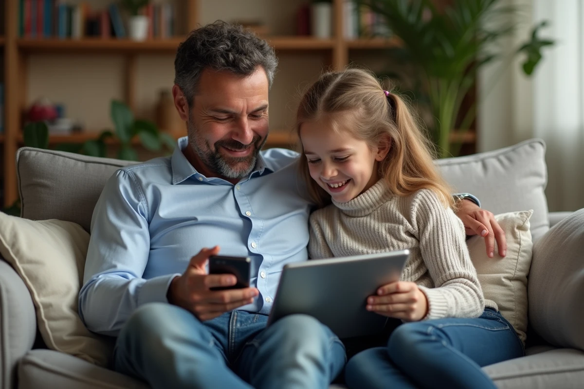 Père et fille regardant une tablette dans le salon