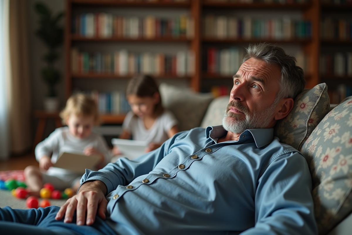 Père épuisé dans le salon avec ses enfants